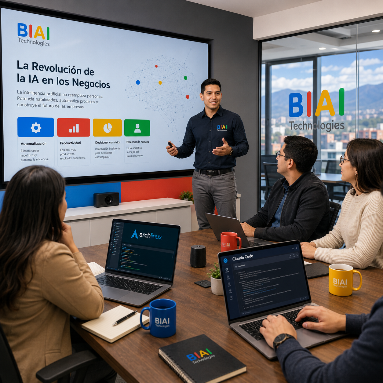 Equipo profesional trabajando en estrategia tecnológica e inteligencia artificial