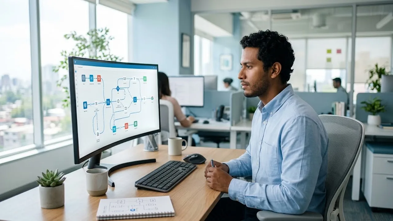 Diagrama de flujos de automatización empresarial conectando ERP, CRM y bases de datos